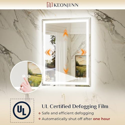 Keonjinn 60 x 36 Inch Beveled Lighted Bathroom Mirror, Frontlit & Backlit | HD Tempered Glass, LED Bathroom Mirror with Lights, 3000K/4500K/6000K, Fast Defogging, Dimmable, Memory Function, CRI90+ - size: 36"L x 60"W