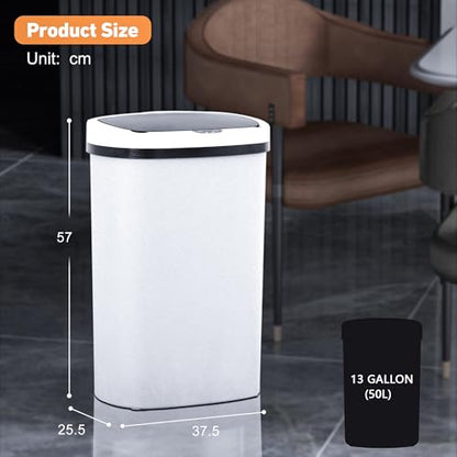 13 Gallon Trash Can,Automatic Soft Close Large Garbage Can with Lid,Indoor Smart Trashcans for Kitchen,Waterproof Trashcans for Kitchen,Touch-Free Trash Can,White - color: White, style: 1 piece