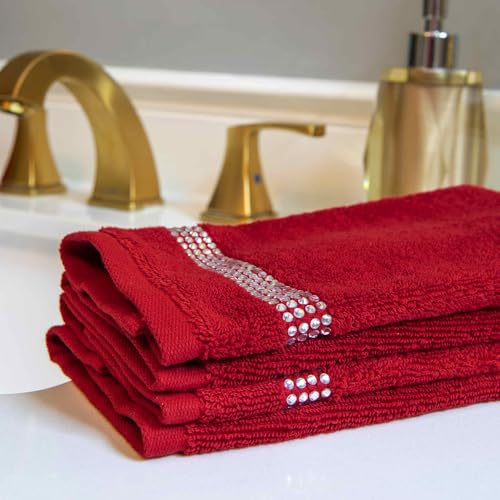 Stripe Fingertip Towel (Set of 2), 100% Turkish Cotton, Glass Rhinestones, 13", Machine Washable, Red - color: Red