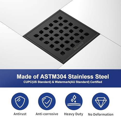 Square Shower Drain with PVC Bonding Flange Base, 4" Matte Black | 304 Stainless Steel Drain w/ Drain Key for Low Profile Shower Tiles, CUPC Certified - color: Black4"