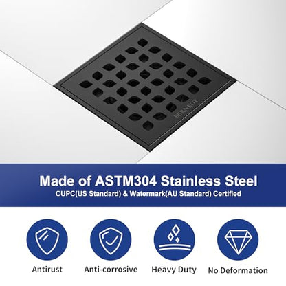 Square Shower Drain with PVC Bonding Flange Base, 4" Matte Black | 304 Stainless Steel Drain w/ Drain Key for Low Profile Shower Tiles, CUPC Certified - color: Black4"