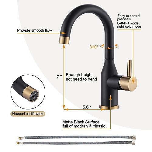 WOWOW Black and Gold Modern Single Handle Bar Faucet, 1 Hole, 360 Swivel, RV Sink Faucet, Mini Bar Tap with Water Supply Hoses - color: Black and Gold