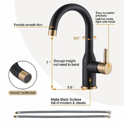 WOWOW Black and Gold Modern Single Handle Bar Faucet, 1 Hole, 360 Swivel, RV Sink Faucet, Mini Bar Tap with Water Supply Hoses - color: Black and Gold