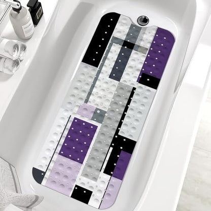Purple Black Bath Tub Mat Non Slip, Modern Geometric Large Washable Shower Mats with Drain Holes and Suction Cups,40 X 16 Inch - color: Purple Black