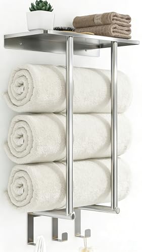 Bethom Towel Racks for Bathroom Wall Mounted with 3 Hooks, Brushed Nickel | Stainless Steel Towel Rack with Shelf, Towel Storage Holder Wall for Large Rolled Towels - color: Brushed Nickel, size: Round Tube