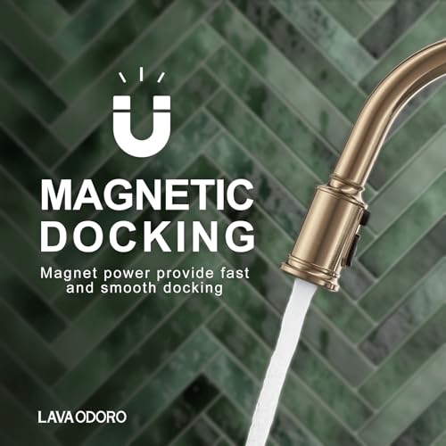 Lava Odoro Champagne Gold Kitchen Faucet with Pull Down Sprayer | Single Handle Kitchen Sink Faucet with 3-Function Magnetic Sprayer for Sink 1 Hole, 1.8 GPM, Deck Plate Included, KF421-M-CB - color: Champagne Gold, style: 3-Mode, Magnetic