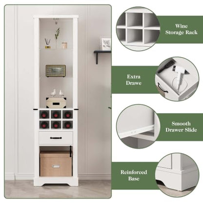 Tall Storage Cabinet with LED Lights and 3 Tier Adjustable Tempered Glass Shelves, Wine Bottle Storage and Reinforced Base, Freestanding Linen Tower w/ Extra Drawer for Kitchen, Living Room