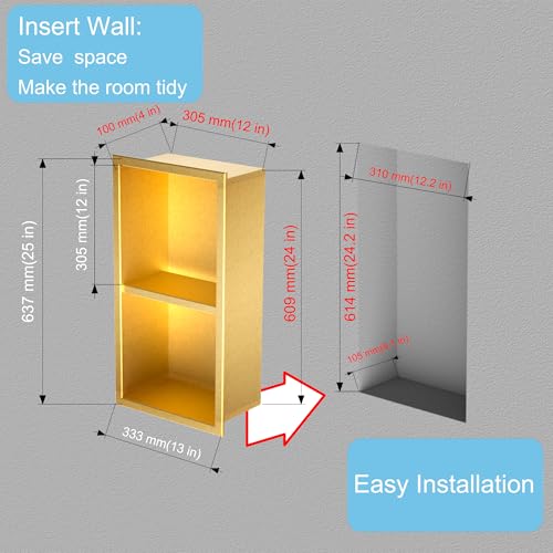 Non Tile Tube Niche Boxes for Showers,Bathroom Niche Double Shelves,Stainless Steel(Gold, 24 * 12 in) - color: Gold, size: 24 * 12 in