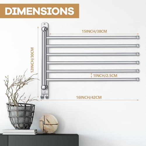 Teenyyou Swivel Towel Rack 16.5 Inches 304 Stainless Steel 6 Arms Bathroom Towel Rack Hanger Pool Holder Wall Mounted Swivel Bar Space Saving with Hook, Sliver - color: Sliver, size: 16.5 Inches, style: 6 Arms