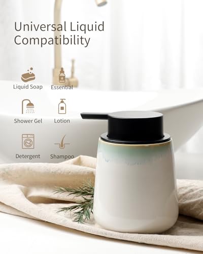 BosilunLife Ceramic Soap Dispenser - Dish Soap Dispenser for Bathroom 12Oz | Refillable Liquid Hand Wash Dispenser for Essential Oil, Lotion Soap, White with Blue-Green Rim - color: White With Blue-green Rim