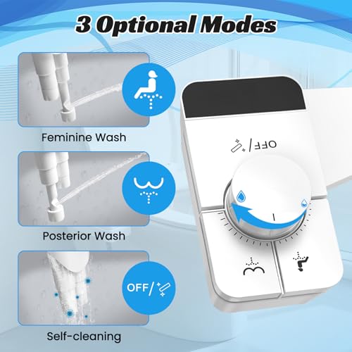 Bidet Attachment for Toilet,Ultra Thin,Self-Cleaning Dual Nozzles | Adjustable Water Pressure,Non-Electric,Rotate Button Control,One Click Detach,Fits Most Toilets,Cold Water,White,Square