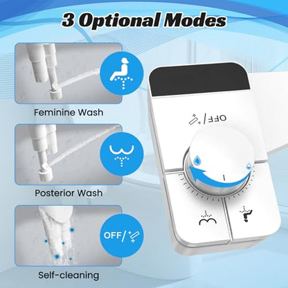 Bidet Attachment for Toilet,Ultra Thin,Self-Cleaning Dual Nozzles | Adjustable Water Pressure,Non-Electric,Rotate Button Control,One Click Detach,Fits Most Toilets,Cold Water,White,Square