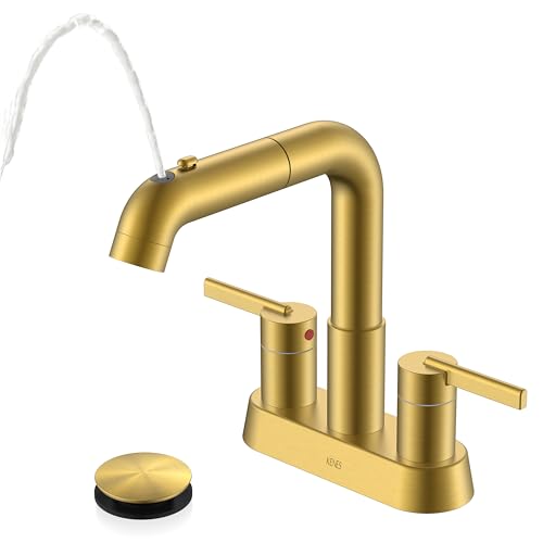 Pull Down Centerset Bathroom Faucet Brushed Gold 2 Handle 3 Hole | Pull Out Bathroom Faucet with Pop Up Drain & Supply Lines, Lead-Free cUPC & NSF Certified, 4 Inch Faucet for Vanity RV Sink - color: Brushed Gold