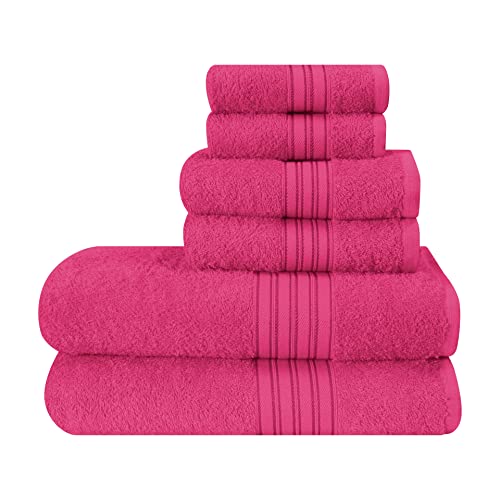 BOUTIQUO 6 Pack Cotton Towel Set, Contains 2 Bath Towels 28x55 inch, 2 Hand Towels 16x24 inch & 2 Wash Coths 12x12 inch, Ideal Everyday use, Ultra Soft Compact & Lightweight - Hot Pink - color: Hot Pink, size: 6 Pack Set