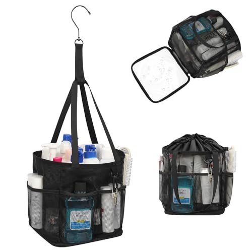 Mesh Shower Caddy Portable for College Dorm Room Essentials, Shower Tote Bag with Hanging Hook and Drawstring, Quick Dry Toiletry Bag with 6 Pockets for Bathroom, Swimming, Gym, Camping, Beach, Travel - color: 01-Black