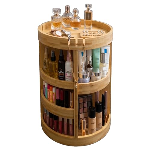 Bamboo Rotating Makeup Organizer with Adjustable Shelves - Round, Multipurpose Storage 360° Carousel for Vanity, Bathroom, Kitchen Countertop, Bedroom, Desk
