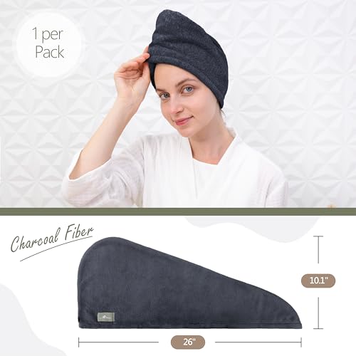 myHomeBody Hair Towel Wrap, Quick Drying Turban, Absorbent Cap – Blue | Hair Turban Towel for wet hair, Ultra Soft Charcoal Fiber Cap, Towel Head Wrap for bathing with Coconut Shell Button - color: Midnight Blue