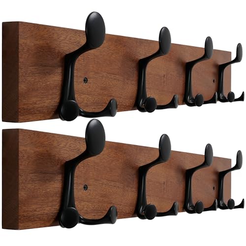 WEBI Coat Rack Wall Mount,24" Solid Wood Coat Hooks Wall Mounted Coat Hanger,16" Hole to Hole,Heavy Duty 4 Triple Hooks for Hanging Coats,Jacket,Hat,Backpack,Farmhouse,Reddish Brown,2 Packs - color: Reddish Brown, size: 24 Inch(2 Pcs)