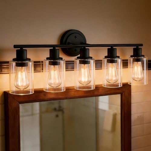 5-Light Black Bathroom Vanity Light Fixture Over Mirror - 5 Bulb Black Wall Sconce for Bathroom Bedroom Hallway Wall Mount Fixture Over Kitchen Sink - color: Black, size: 5-Light