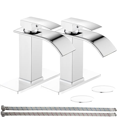 Sagetta Waterfall Bathroom Sink Faucet Single Hole Chrome with Three Hole Cover Deck Plate, Pop up Drain and Water Hoses Stainless Steel Vanity Two Pack - color: Chrome, style: 2