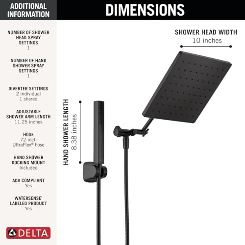 Delta Matte Black Rain Shower Head and Handheld Combo, 10-inch Square Shower Head Rainfall, Overhead Rain Showerhead, Matte Black 75527-BL - color: Matte Black