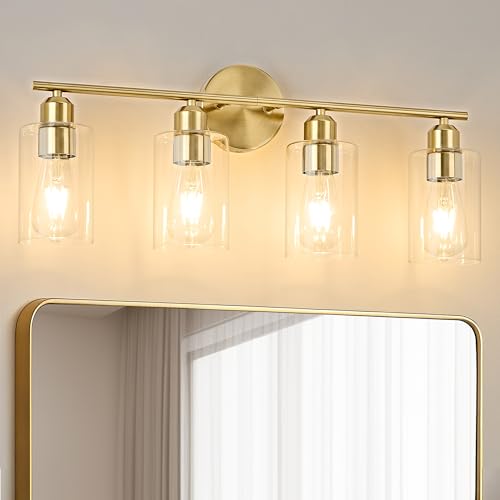 4-Light Bathroom Light Fixtures, Gold Bathroom Vanity Lights, Bathroom Lighting Fixtures Over Mirror with Clear Glass Shade, Wall Sconce Light for Bedroom, Living Room and Hallway - color: Gold, size: 4 Light - 1 pack