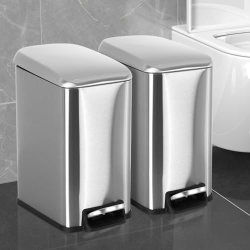 Small Bathroom Trash Can with Lid, 5 Liter/1.3 Gallon Stainless Steel Small Garbage Can with Removable Inner Bucket & Soft-Close Foot Pedal, Slim Trash Can for Bathroom, Bedroom, Office (Silver 2 PCS) - color: Silver, size: 2 Pack