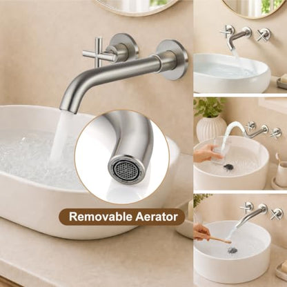 Midanya Wall Mount Bathroom Faucet 3 Hole 2 Cross Handle,Brushed Nickel | SUS304 Stainless Steel,Rough-in Valve Included,360° Swivel Spout,for Bathroom Sink,Vanity - color: Brushed Nickel