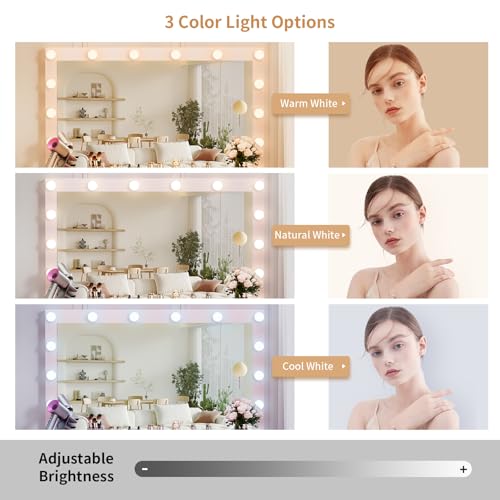 VOWNER Vanity with Lighted Mirror - Makeup Vanity Desk with Glass Top, 7 Drawers and Power Outlet, 3 Color Lighting Modes Adjustable Brightness, 44" Vanity Table with Stool for Women Girls, Pink - color: Pink
