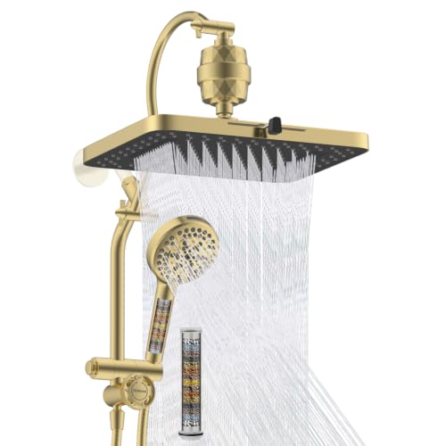 Hibbent 5-spray Dual Filtered Rainfall Shower Head with 10 Spray Handheld | High Pressure 13'' Showerhead Combo, Easy Reach 4-way Diverter Arm with Pause Mode, 71'' Hose & Holder, Brushed Gold - color: Brushed Gold, style: Square 13" with filter