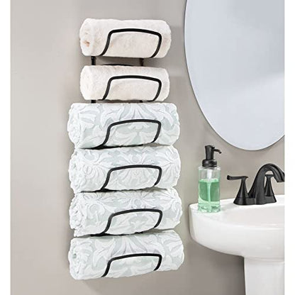 mDesign Metal Towel Shelves – Towel Rack for the Bathroom with 6 Compartments – Practical Bathroom Accessories for Both Large and Small Towels – Black - color: Black