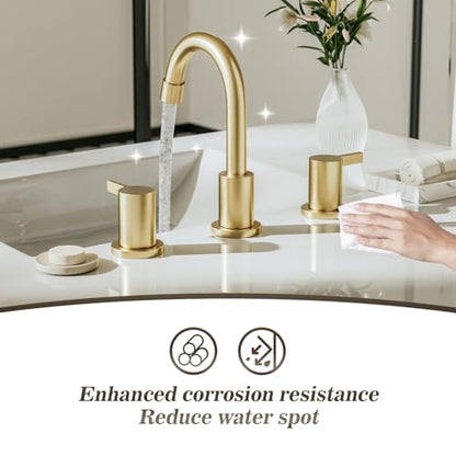 Brushed Gold 3 Hole 8 Inch Widespread Bathroom Sink Faucet, Bathroom Faucet Set with Metal Pop UP Drain and Valve, WF15-1-BG - color: Brushed Gold