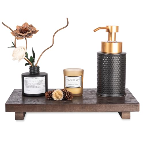 zoocatia Small Wood Tray Pedestal Stand Farmhouse Bathroom Decor Decorative Wooden Riser Kitchen Soap Dish Holder for Vanity, Counter, Sink, Large 11.8" x 7" - Walnut | Waterproof, Lightweight, Easy Clean, Small Wooden Riser Pedestal Stand Accessories for