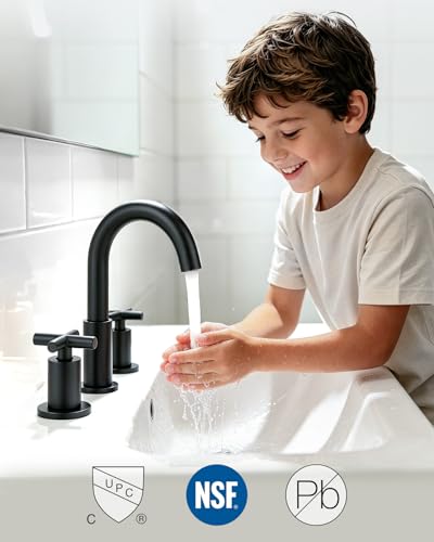 gotonovo 8’’ Bathroom Sink Faucet 3 Hole Matte Black,Curved Spout | Widespread Bathroom Faucet,6-16’’ Vanity,Sink,RV,Lavatory,2 Cross Handle,SUS304,360° Swivel Spout,24’’ cUPC Hose,Pop Up Drain