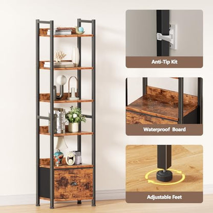 Furologee Book Shelf Set of 2, 6 Tier Tall Shelf with Drawer, Bookshelves and Bookcases Set of 2, Industrial Display Shelving Unit for Bedroom, Living Room, Home Office, Rustic Brown - color: Rustic Brown, size: 6 Tier-2 PCS