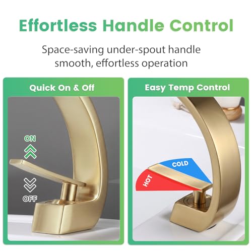 Modern Brushed Gold Bathroom Sink Faucet, Single Hole with Deck Plate | Premium Solid Brass, Single Handle, Fits 1 or 3 Hole, Supply Lines, for Vanity, RV, Farmhouse & Commercia - color: Brushed Gold