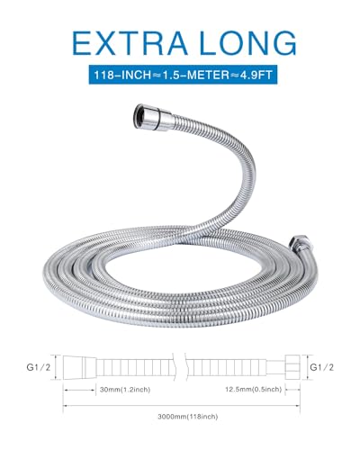 Shower Hose Extra Long, 118 Inches Stainless Steel Shower Head Hose, Flexible Hand Held Shower Hose Extension Replacement G1/2 Threaded Insert and Nut (Chrome)