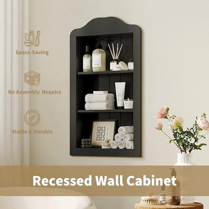 CJL 14''x24'' Recessed Medicine Cabinet, Solid Wood in-Wall Cabinet, Black | Victorian Bathroom Wall Niche Shelf, 3-Tier, No MDF, Fully Assembled - color: Black, size: 14"x24"x3.75"