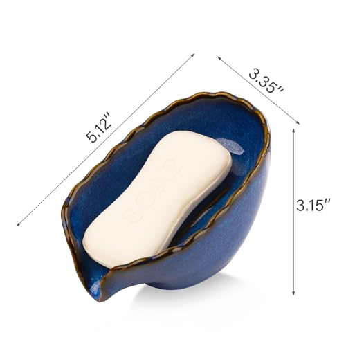 VanEnjoy Dish Washing Soap Holder Blue Ceramic Dish for Soap, Self Draining Soap Holder, Bar Soap Holder Leaf Shape for Bathroom, Kitchen