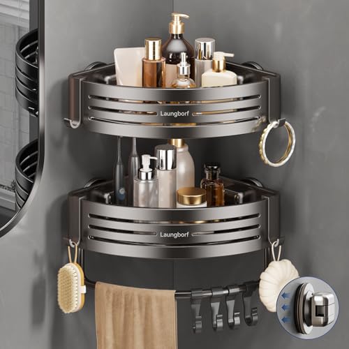 Corner Shower Caddy Suction Cup, Gray (2 Pack) | Rustproof aluminum shelf with towel bar & hooks. No-drill removable wall storage. Strong suction