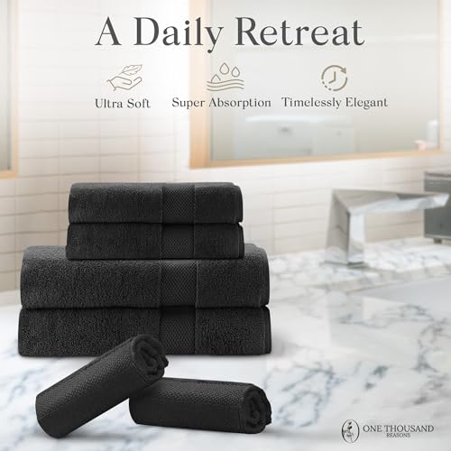 Premium Staple Cotton Bathroom Towel Set - Black 600 GSM 6-Piece Luxury Bath Towel Set 1 Stripe - 2 Bath Towels, 2 Hand Towels & 2 Washclothes Set - High Absorbent & Quick Dry for Gym, Spa, Hotel - color: Black - 1 Stripe
