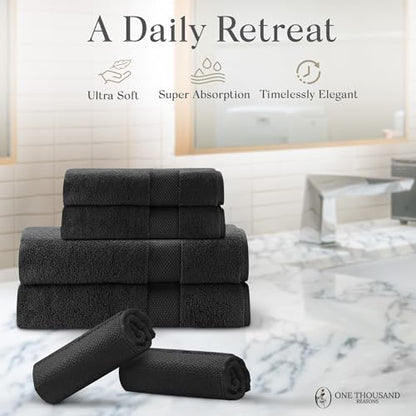 Premium Staple Cotton Bathroom Towel Set - Black 600 GSM 6-Piece Luxury Bath Towel Set 1 Stripe - 2 Bath Towels, 2 Hand Towels & 2 Washclothes Set - High Absorbent & Quick Dry for Gym, Spa, Hotel - color: Black - 1 Stripe