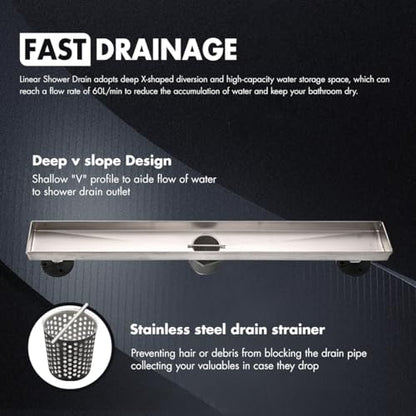 Micmi 32 inch Shower Floor Drain with Adjustable Quadrato Pattern Grate, 304 Stainless Steel, Rubber Gasket, Hair Strainer (1 Pack, Brushed Nickel, 32 in) - size: 32 IN