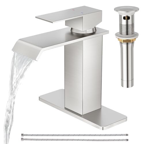 CREA Waterfall Bathroom Faucet 1 Hole,Brushed Nickel Bathroom Faucet Single Handle Bathroom Sink Faucet with Pop Up Drain Stopper/ 3 Hole Plate,Stainless Steel RV Vanity Faucet Basin Mixer Tap - color: Brushed, style: Wide Spout