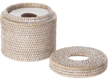 KOUBOO La Jolla Rattan Toilet Paper Holder with Lid, White Wash, Bathroom | Handwoven natural texture, freestanding design, concealed roll storage, easy-access opening, decorative bathroom accent