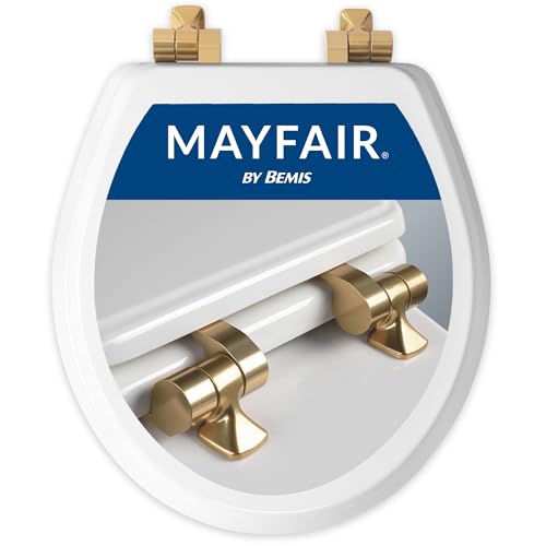 Mayfair Bennett Toilet Seat with Brushed Gold Hinges, Slow Close Wood Seat, Secure Metal Hinges, Easy Install, Made in USA, Round, White - color: Gold, size: Round