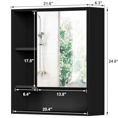 ChooChoo Bathroom Wall Mirror Cabinet, Medicine Cabinet with Storage Shelf | Over The Toilet Storage Cabinet, Adjustable Shelf, 6.3 x 21.6 x 24 Inches, Black - color: Black