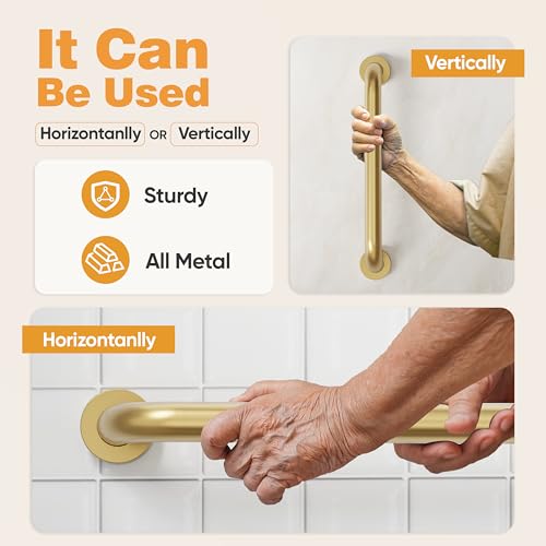 16 Inch Anti-Slip Bathroom Shower Grab Bar Brushed Gold | Safety Hand Rail Support Handicap Elderly Injury Senior Assist Bath Handle, Arm Rests for use with Toilet Seats