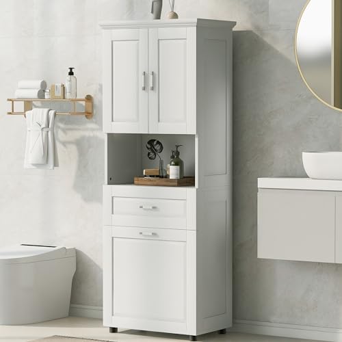 JIVOIT 70" H Tall Bathroom Cabinet with Laundry Basket, Double Storage Cabinets with Doors and Open Space, Tilt-Out Laundry Hamper and Upper Storage - color: White * 102