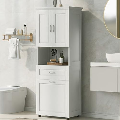 JIVOIT 70" H Tall Bathroom Cabinet with Laundry Basket, Double Storage Cabinets with Doors and Open Space, Tilt-Out Laundry Hamper and Upper Storage - color: White * 102